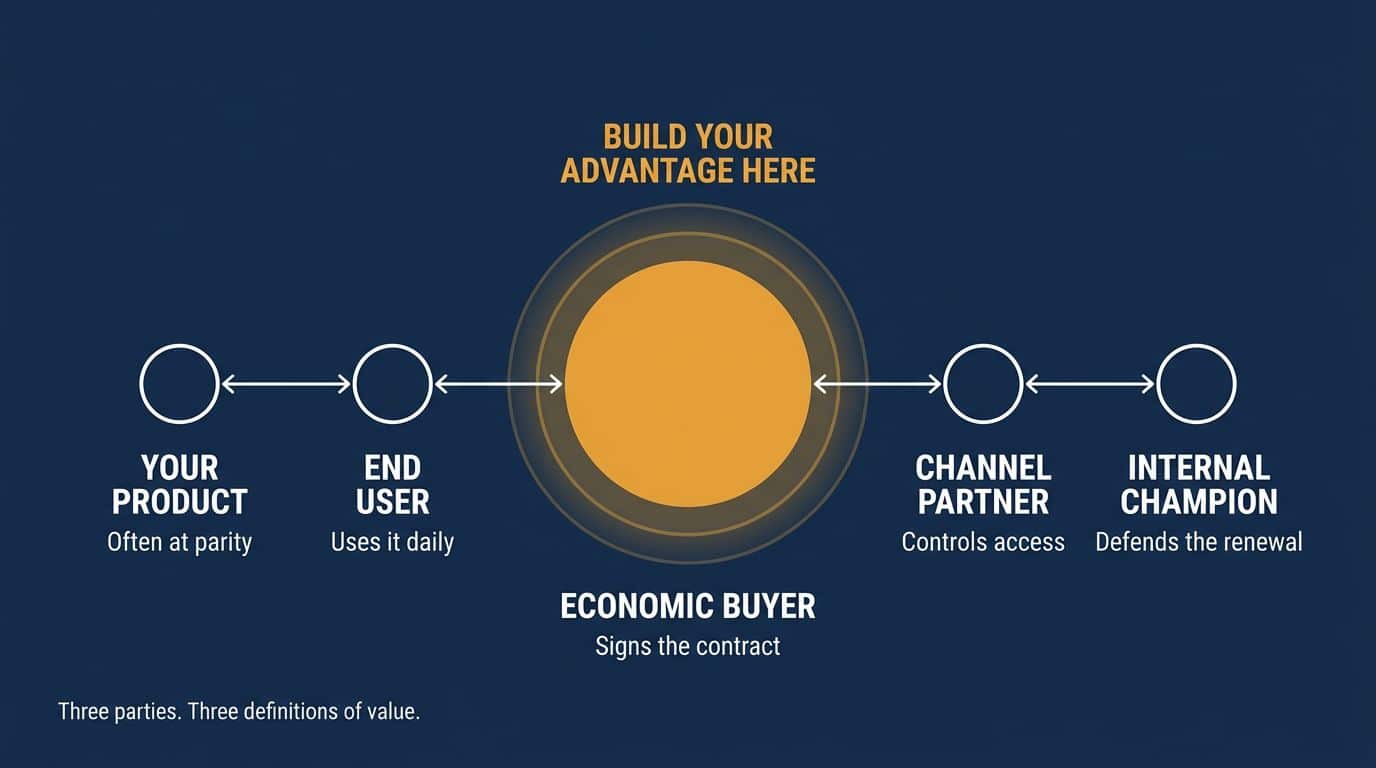 Labeled map of a B2B buying chain showing end user, economic buyer, channel partner and internal champion, with the economic buyer marked as the strongest place to build advantage
