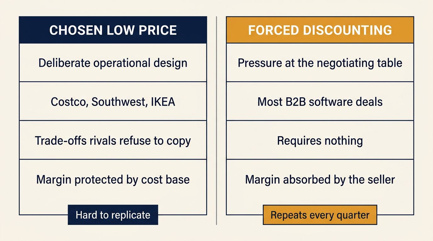 Comparison chart showing the difference between low price as a deliberate strategy and forced discounting, the two situations behind competing on price