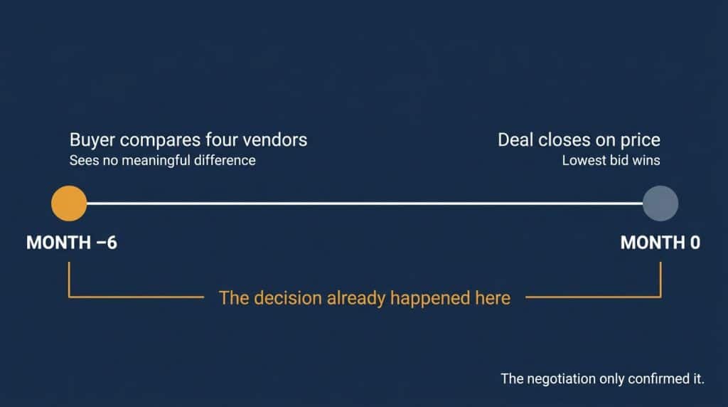Timeline showing a B2B deal being decided six months before the negotiation, when the buyer saw no difference between vendors, not at the point of competing on price