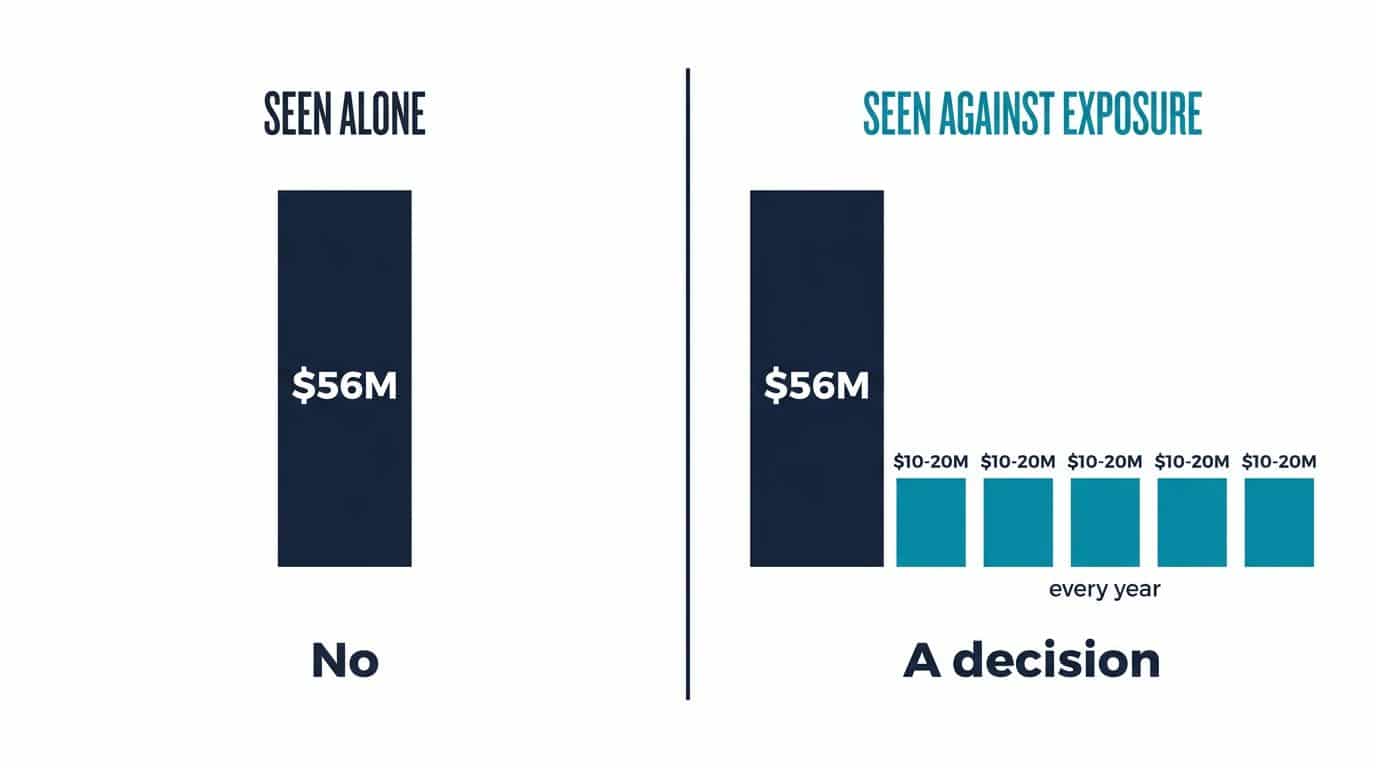 Comparison chart showing a 56 million dollar investment reframed against recurring annual penalty exposure