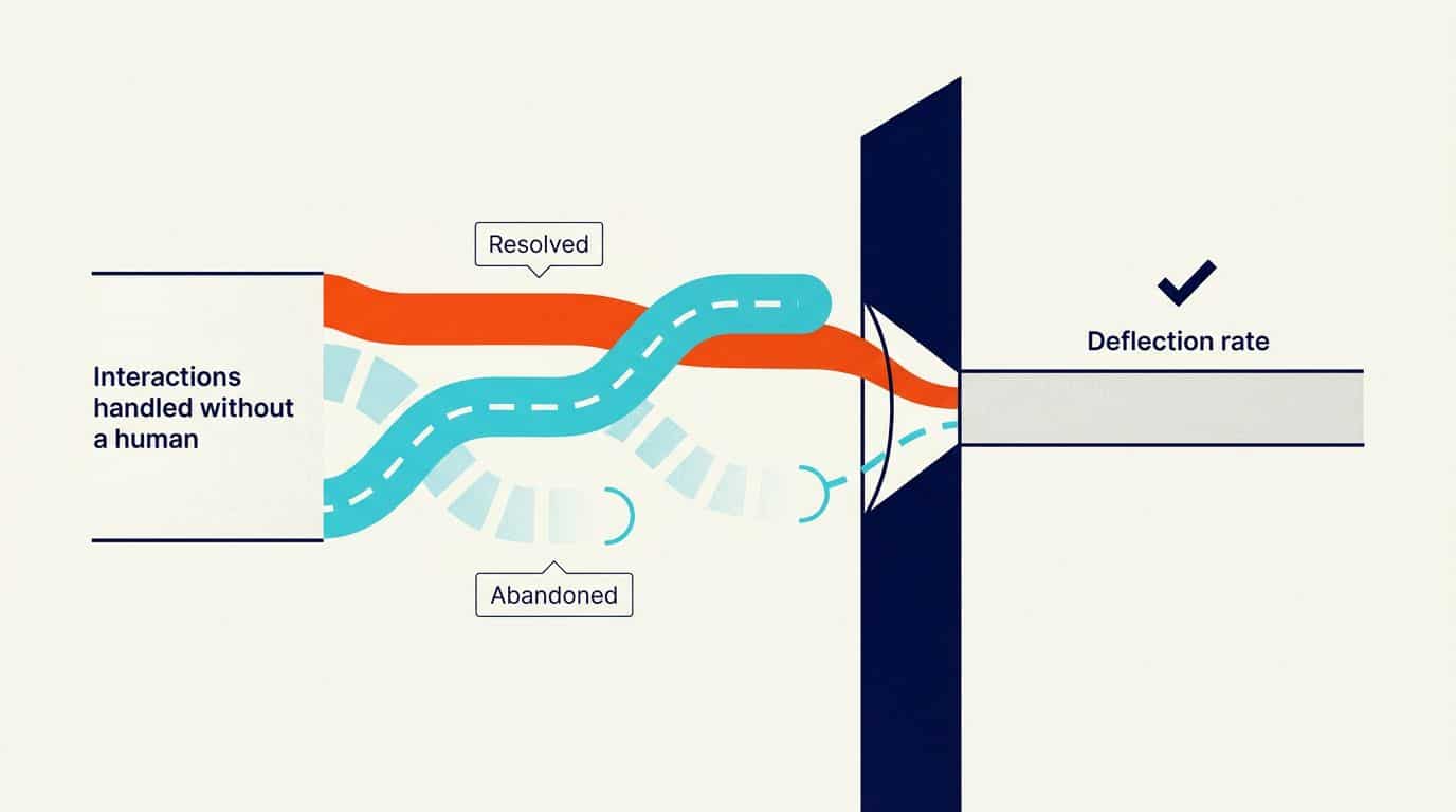 How deflection rate merges resolution and abandonment Flow diagram showing resolved and abandoned customer conversations merging into a single deflection rate figure, hiding the failure inside the metric.
