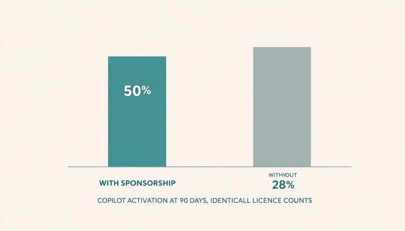 Bar chart showing 50 percent Copilot activation at 90 days with executive sponsorship versus 28 percent without
