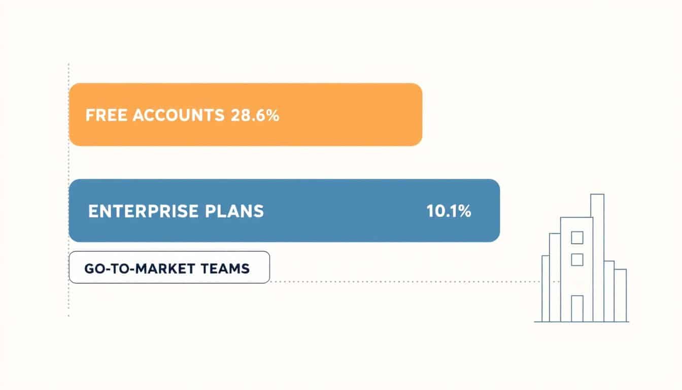 Bar comparison showing go-to-market teams at 28.6 percent of free-account AI hours versus 10.1 percent of enterprise-plan usage