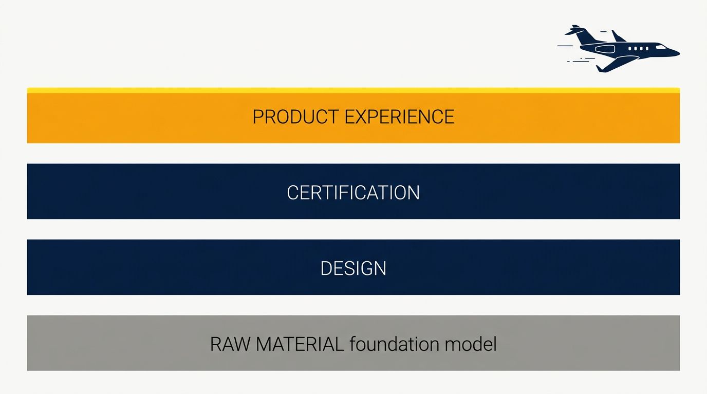 Diagram of the four vertical AI layers: raw material, design, certification, and product experience