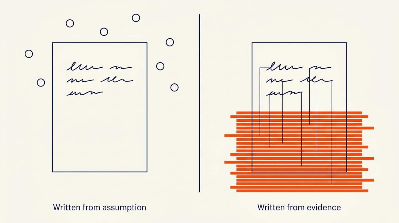 Writing prompts from assumption versus writing from evidence Split illustration contrasting an AI agent spec written from assumption with one sourced from layered call transcript data, the sequencing error behind why AI projects fail.