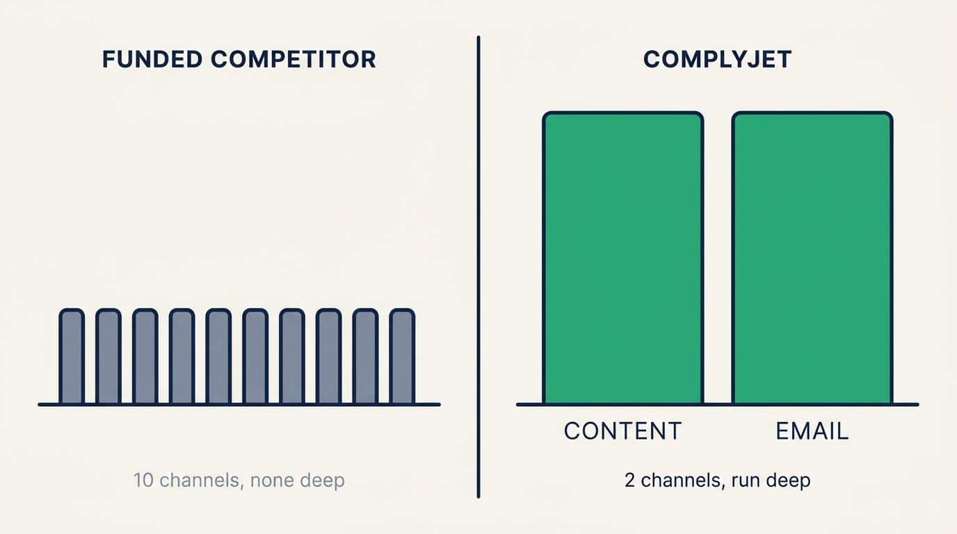 B2B SaaS marketing channel comparison: a funded competitor running ten shallow channels beside ComplyJet running two deep channels, content and email
