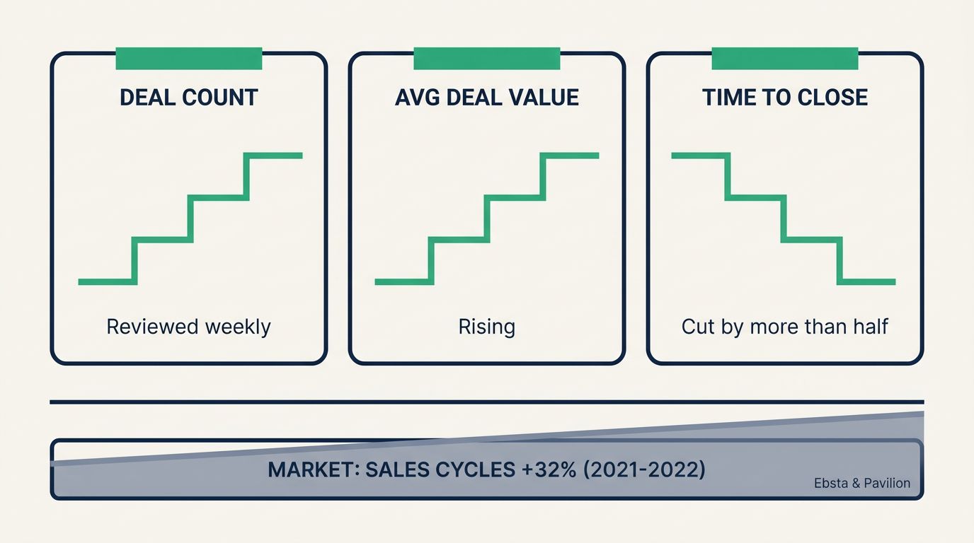 ComplyJet's three weekly B2B SaaS marketing metrics, deal count, average deal value and time to close, moving opposite to the market's 32% longer sales cycles