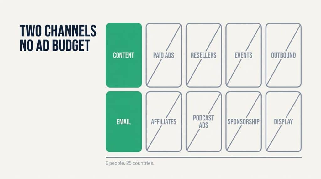B2B SaaS marketing diagram showing ComplyJet's two funded channels, content and email, beside eight greyed-out channels including paid ads, resellers and events